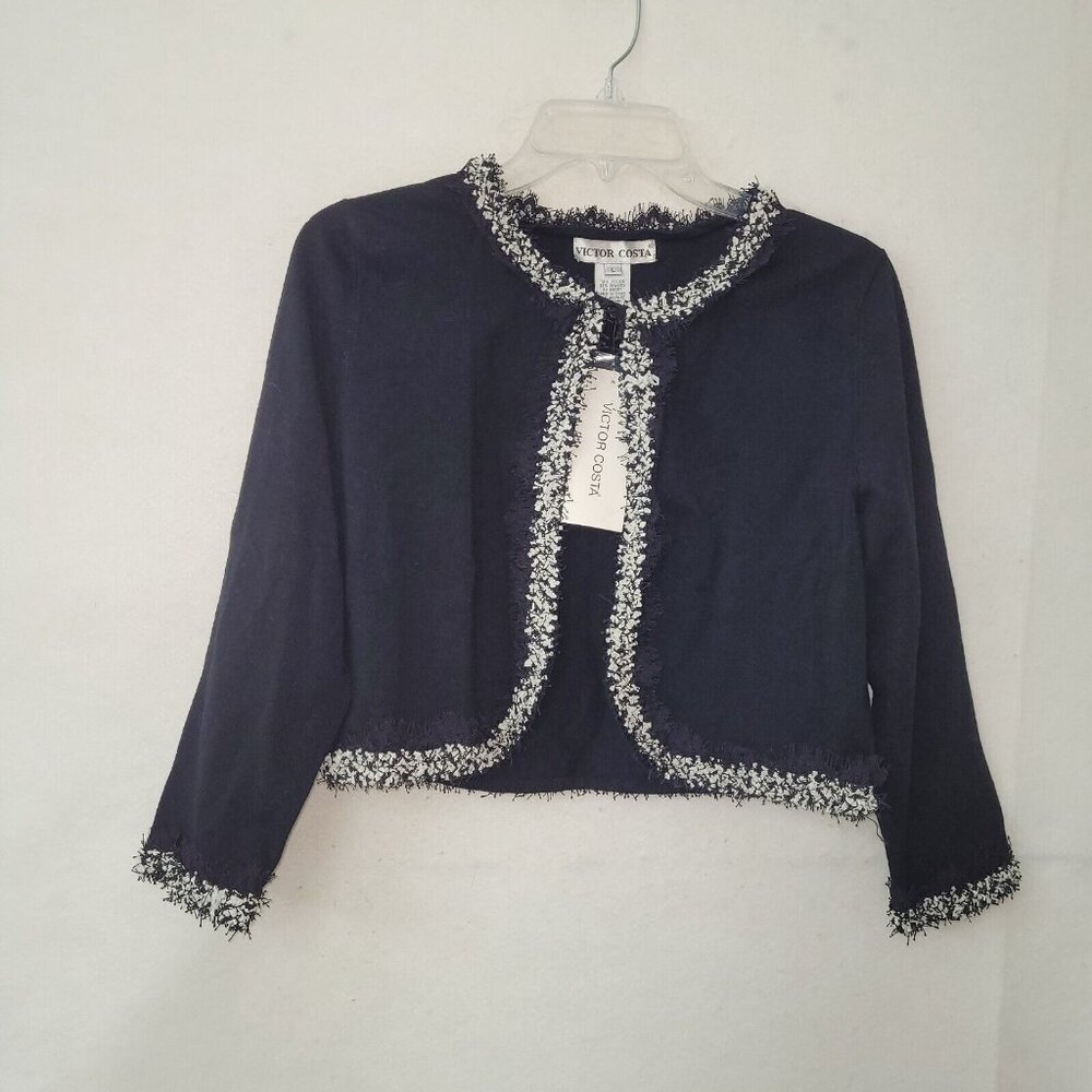 Victor Costa Sweater Womens L Black Fringe 3/4 Sleeve Cropped Cardigan Party New